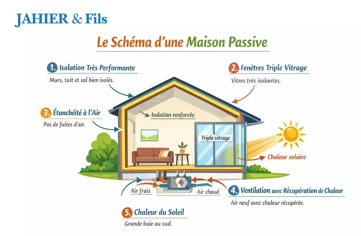 Schéma de principe d'une maison passive à ossature bois : isolation, triple vitrage, ventilation double flux, apports solaires